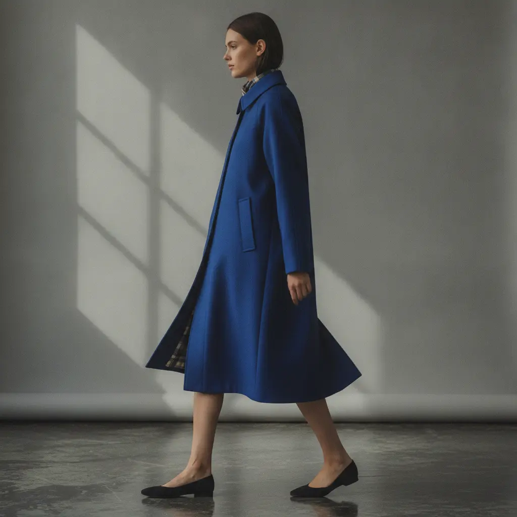 Three-quarter walking view, coat in motion